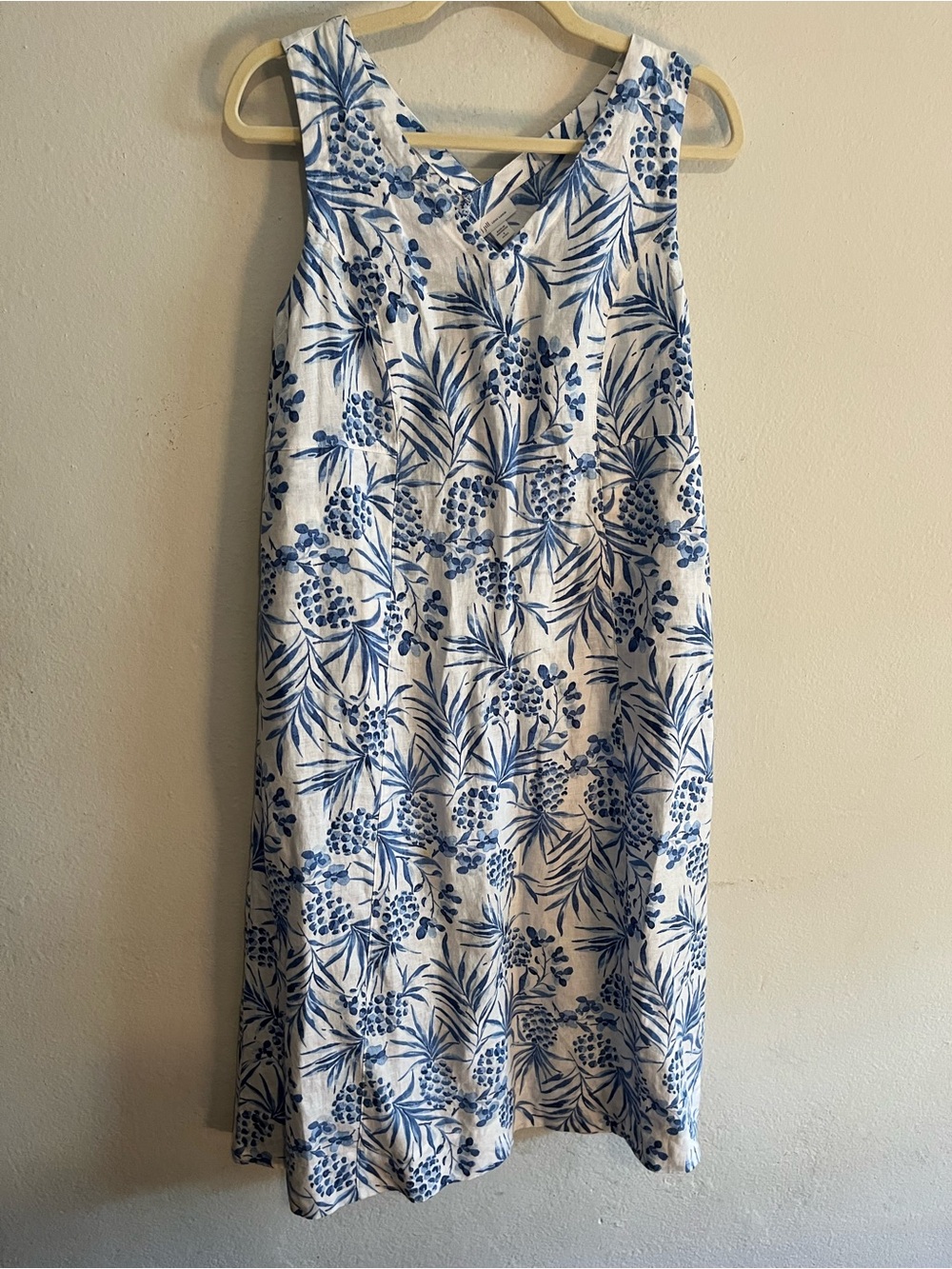 J Jill Love Linen Blue & White Pineapple Print V-Neck Midi Dress Small Petite